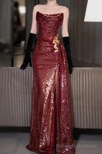 Strapless Sequin Ruched Trained Slit Mermaid Prom Gowns