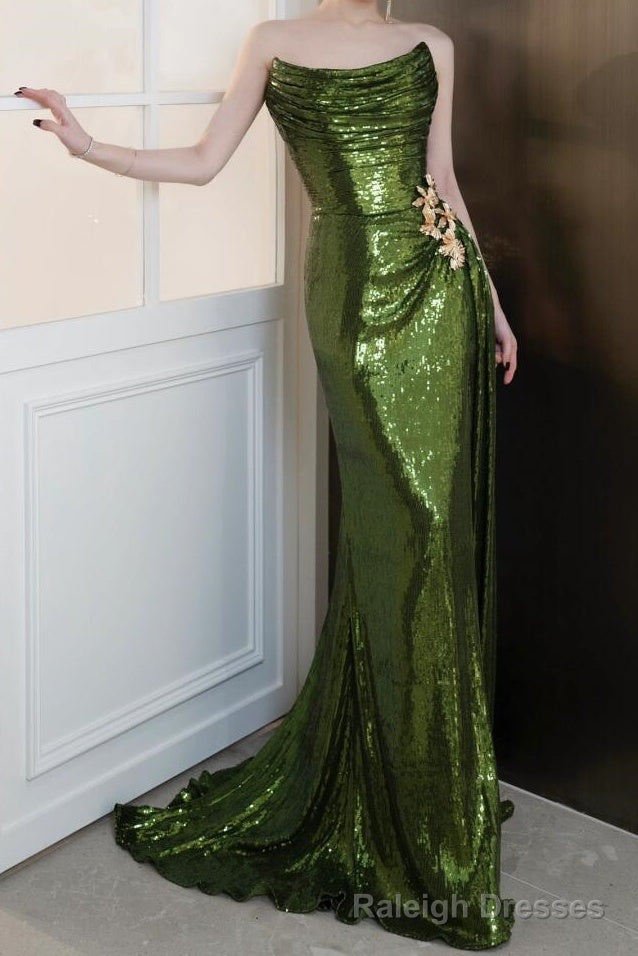 Strapless Sequin Ruched Trained Slit Mermaid Evening Gown