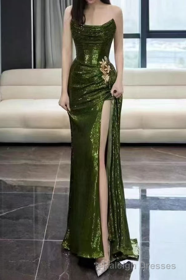 Strapless Sequin Ruched Trained Slit Mermaid Prom Gowns