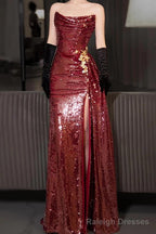 Strapless Sequin Ruched Trained Slit Mermaid Evening Gown