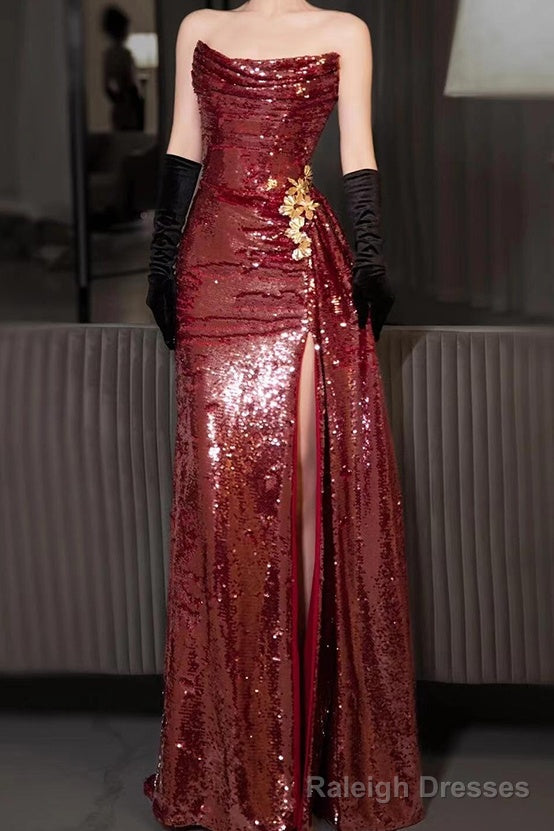Strapless Sequin Ruched Trained Slit Mermaid Prom Gowns Main image