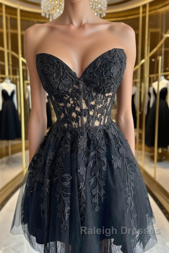 Strapless Short Black Lace Prom Dresses, Short Black Lace Formal Homecoming Dresses Main image