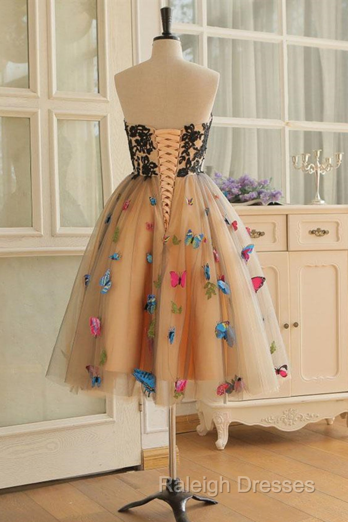 Strapless Short Champagne Floral Prom Dress 3D Floral Short Champagne Prom Graduation Dress Secondary image