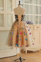 Strapless Short Champagne Floral Prom Dress 3D Floral Short Champagne Prom Graduation Dress