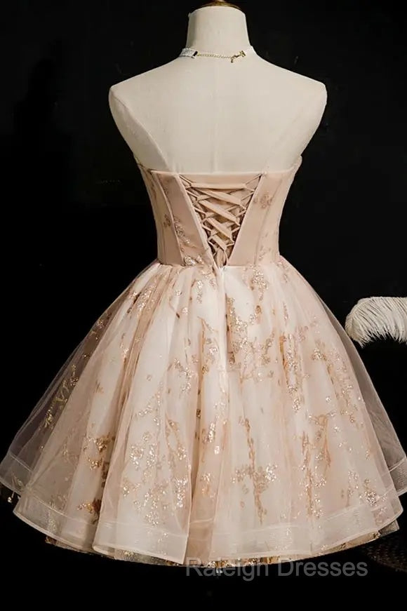Strapless Short Champagne Prom Dresses Homecoming Dresses With Sequins