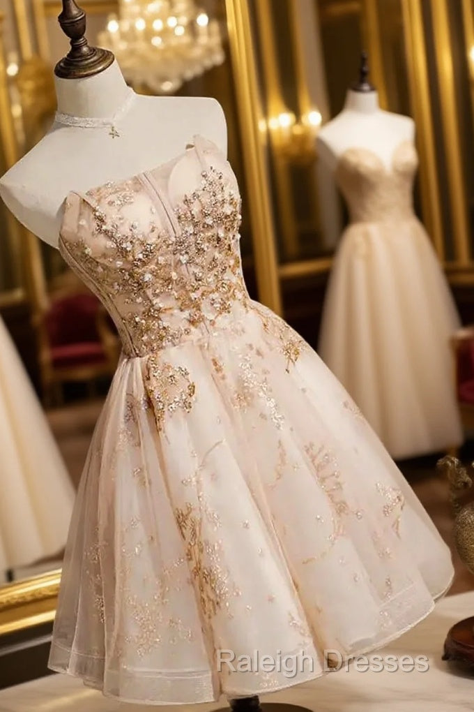 Strapless Short Champagne Prom Dresses Homecoming Dresses With Sequins