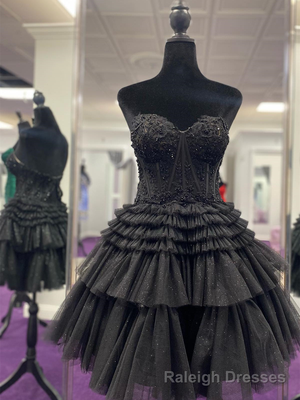 Strapless Short Fuchsia Black Pink Lace Prom Dresses, Short Lace Formal Homecoming Dresses Secondary image