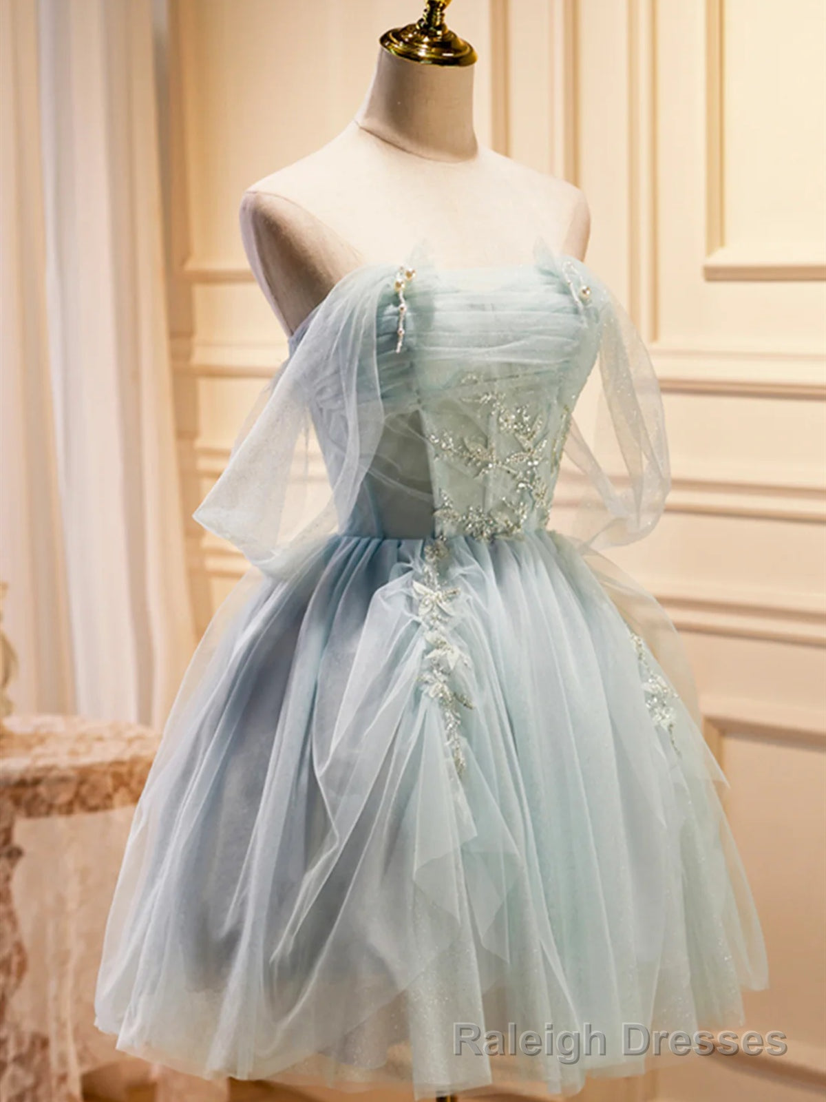 Strapless Short Green Tulle Prom Dresses, Short Green Tulle Beaded Formal Graduation Dresses Main image