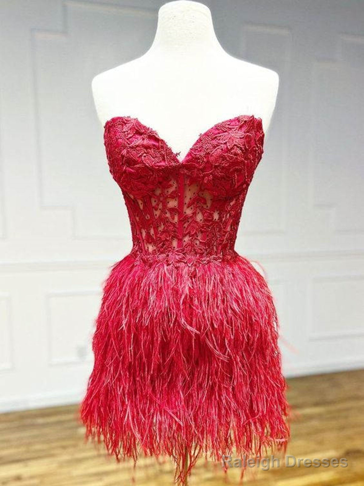 Strapless Short Pink Red White Purple Black Feather Prom Dresses, Short Feather Formal Homecoming Dresses Main image
