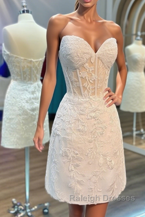 Strapless Short White Lace Prom Dresses, Short White Lace Formal Homecoming Dresses Main image