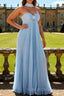 Strapless Sky Blue A Line Pleated Prom Dress with Halter Scarf