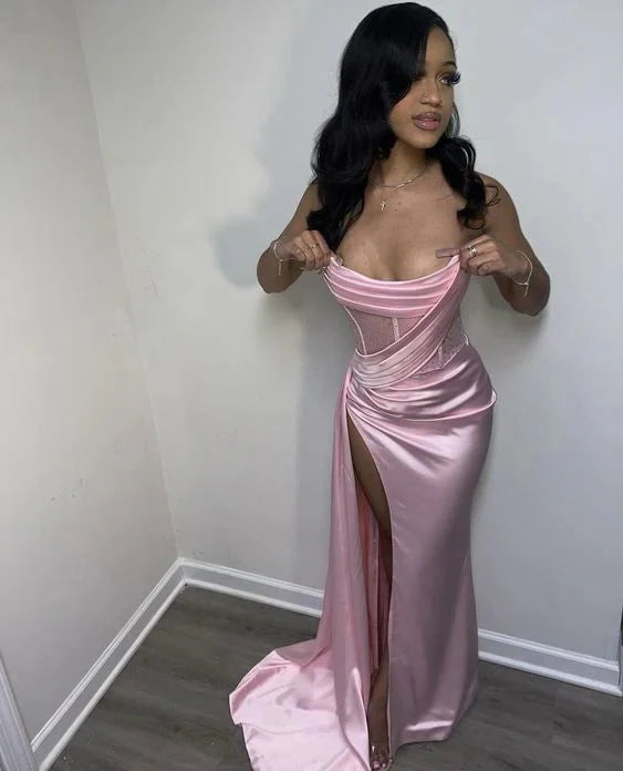 Pink Elegant Strapless High Slit Long Tight Prom Dresses Prom Dresses