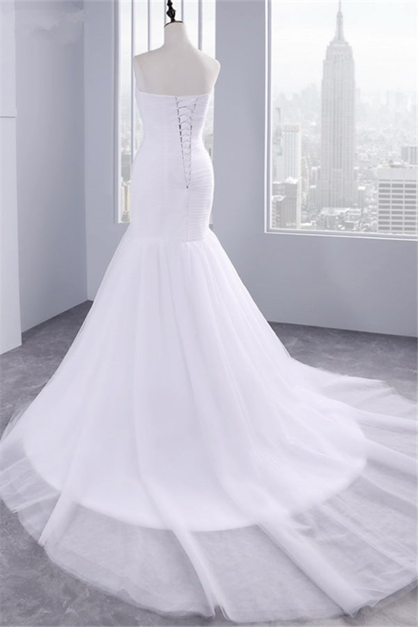 Strapless Sweetheart Mermaid Wedding Dresses Lace Ruffless Tulle Bridal Gowns Main image