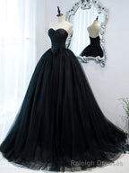 Strapless Sweetheart Neck Black Tulle Prom Dresses, Black Tulle Formal Gown