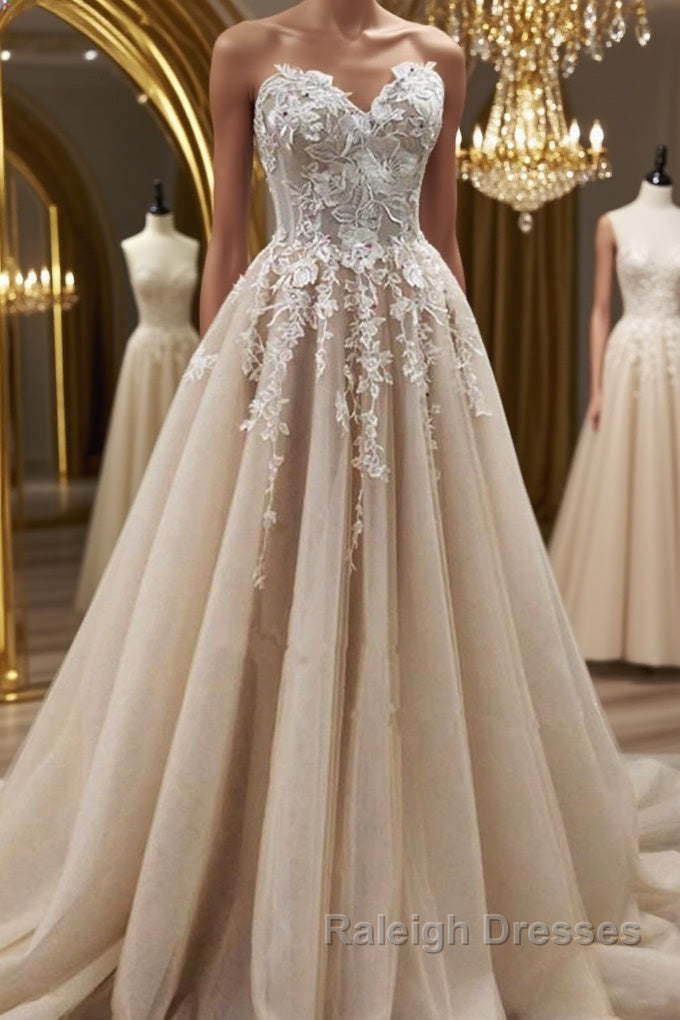 Strapless Sweetheart Neck Champagne Lace Appliques Long Prom Dress, Champagne Lace Floral Formal Evening Dress Main image