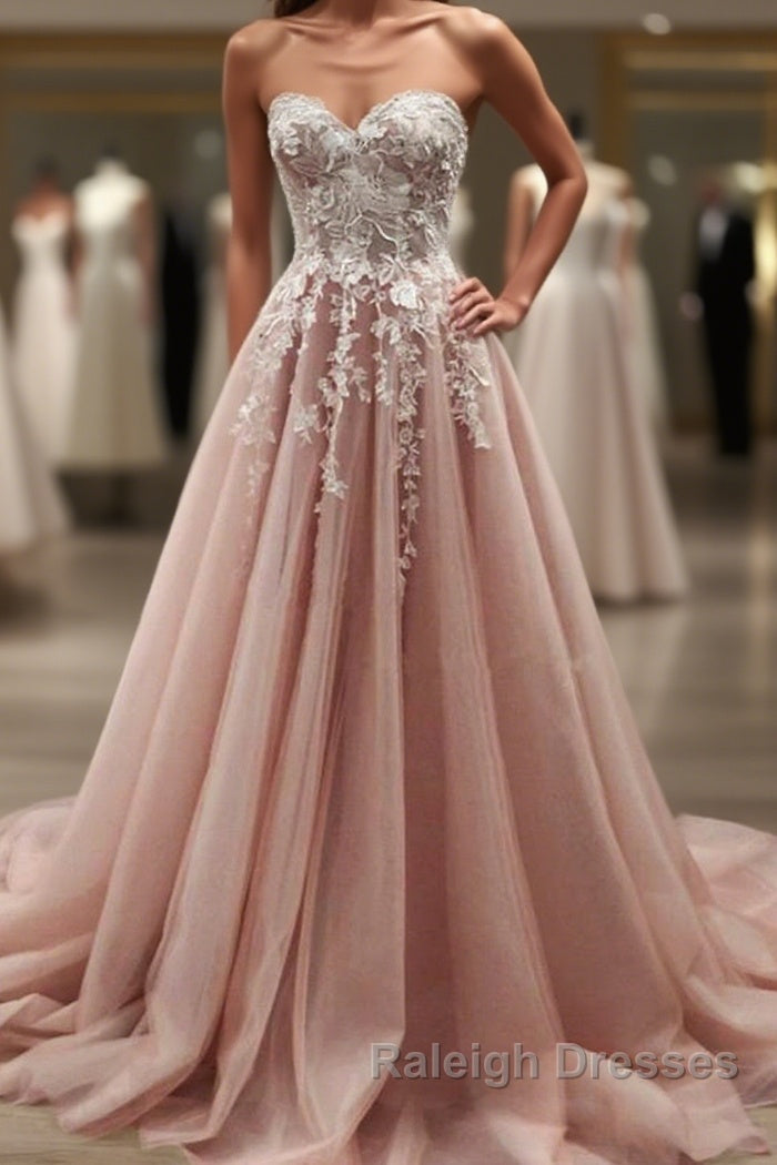 Strapless Sweetheart Neck Pink Lace Appliques Long Prom Dresses Pink Lace Floral Prom Dresses Pink Prom Dresses Main image