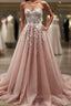 Strapless Sweetheart Neck Pink Lace Appliques Long Prom Dresses Pink Lace Floral Prom Dresses Pink Prom Dresses