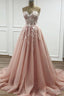 Strapless Sweetheart Neck Pink Lace Appliques Long Prom Dresses Pink Lace Floral Prom Dresses Pink Prom Dresses A1363