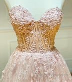 Strapless Sweetheart Neck Pink Lace Long Prom Dresses Pink Lace Prom Graduation Prom Dresses