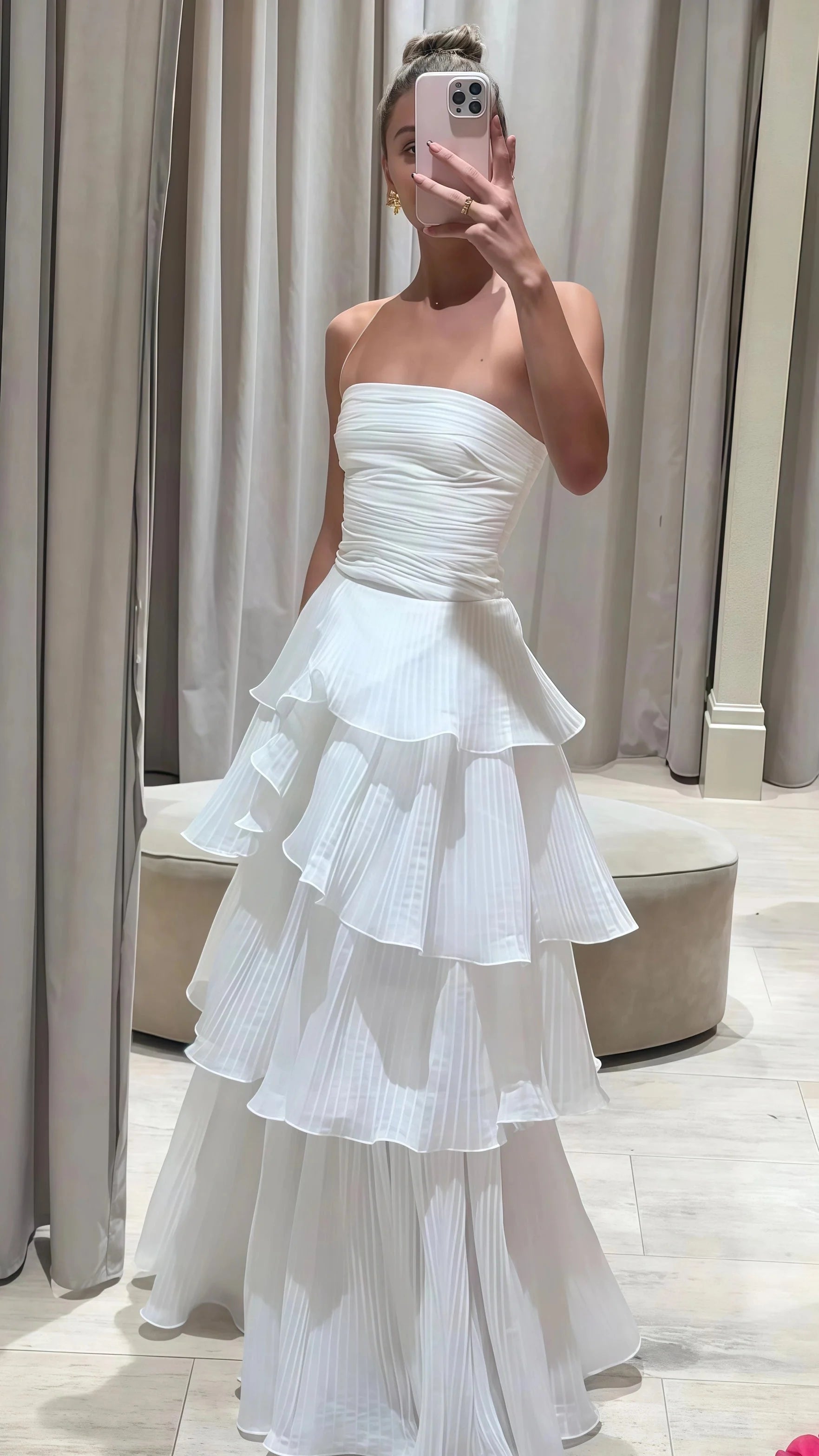 Strapless White Pleated Layers Long Prom Dress Sleeveless Evening Gown