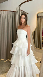 Strapless White Pleated Layers Long Prom Dress Sleeveless Evening Gown