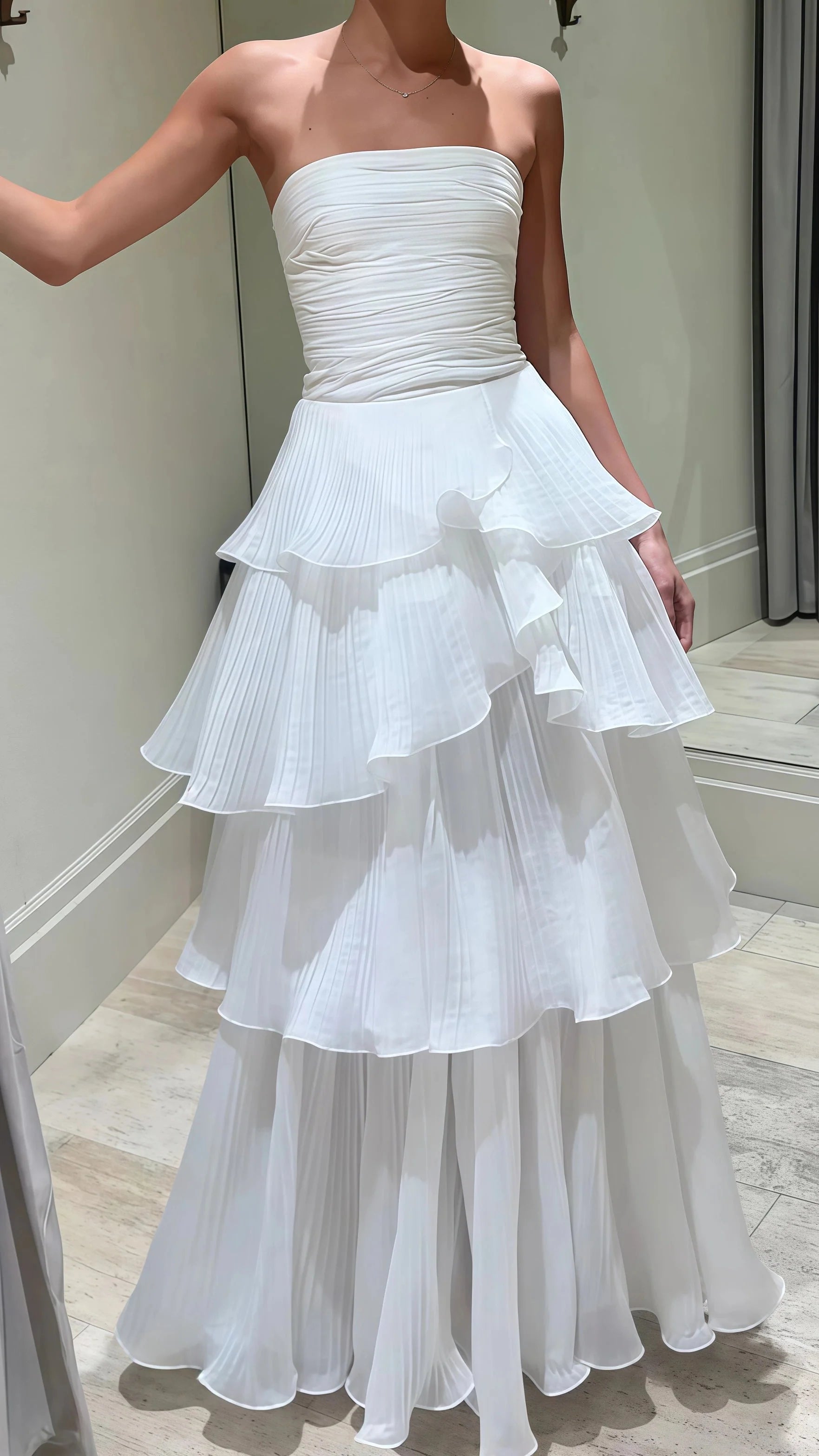 Strapless White Pleated Layers Long Prom Dress Sleeveless Evening Gown Main image