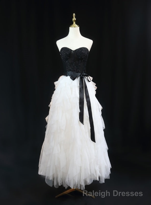 Strapless White Tulle Black Beaidng Prom Dress Main image