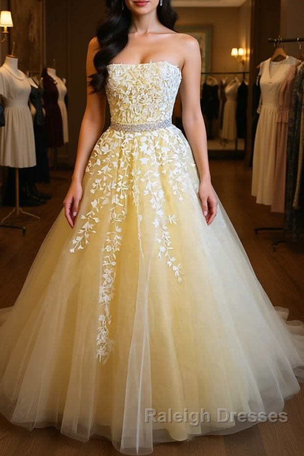 Strapless Yellow Lace Long Prom Dresses Yellow Lace Prom Graduation Prom Dresses Yellow Ball Gown Main image