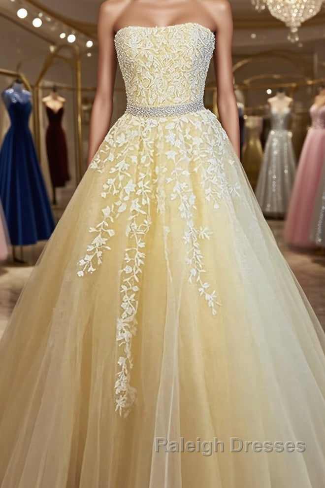 Strapless Yellow Lace Long Prom Dresses, Yellow Lace Formal Evening Dresses Main image