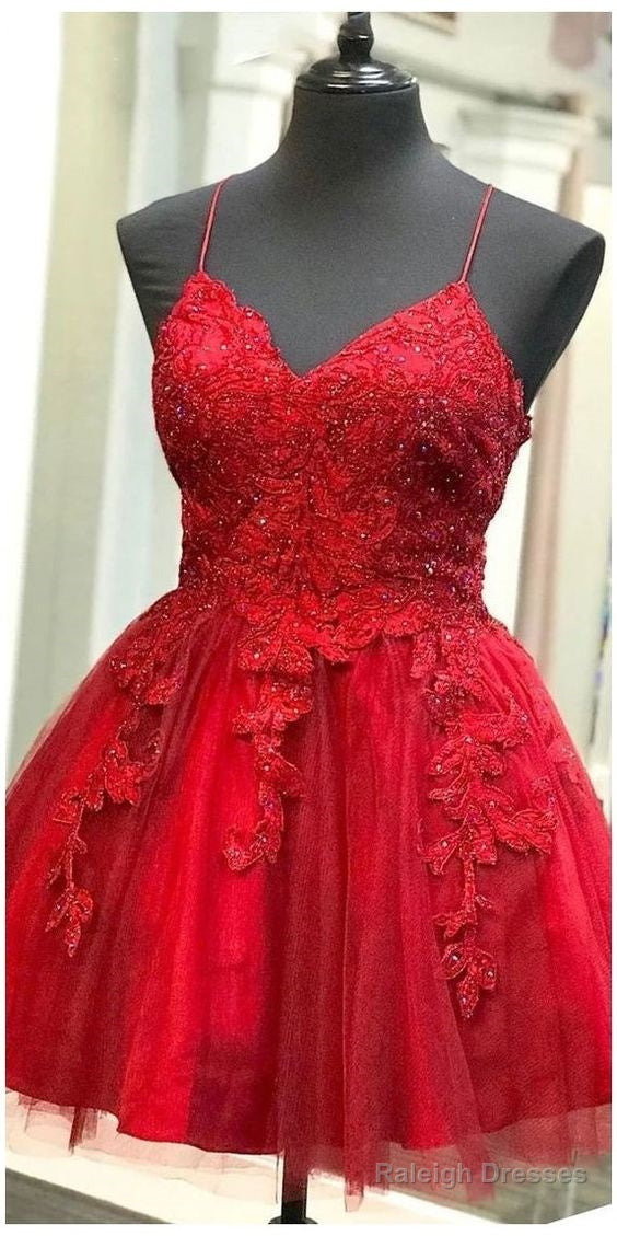 Strappy Short Homecoming Dresses Lace Applique Red Main image