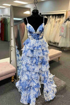 Straps Blue Floral Print High Slit Ruffled Prom Dress
