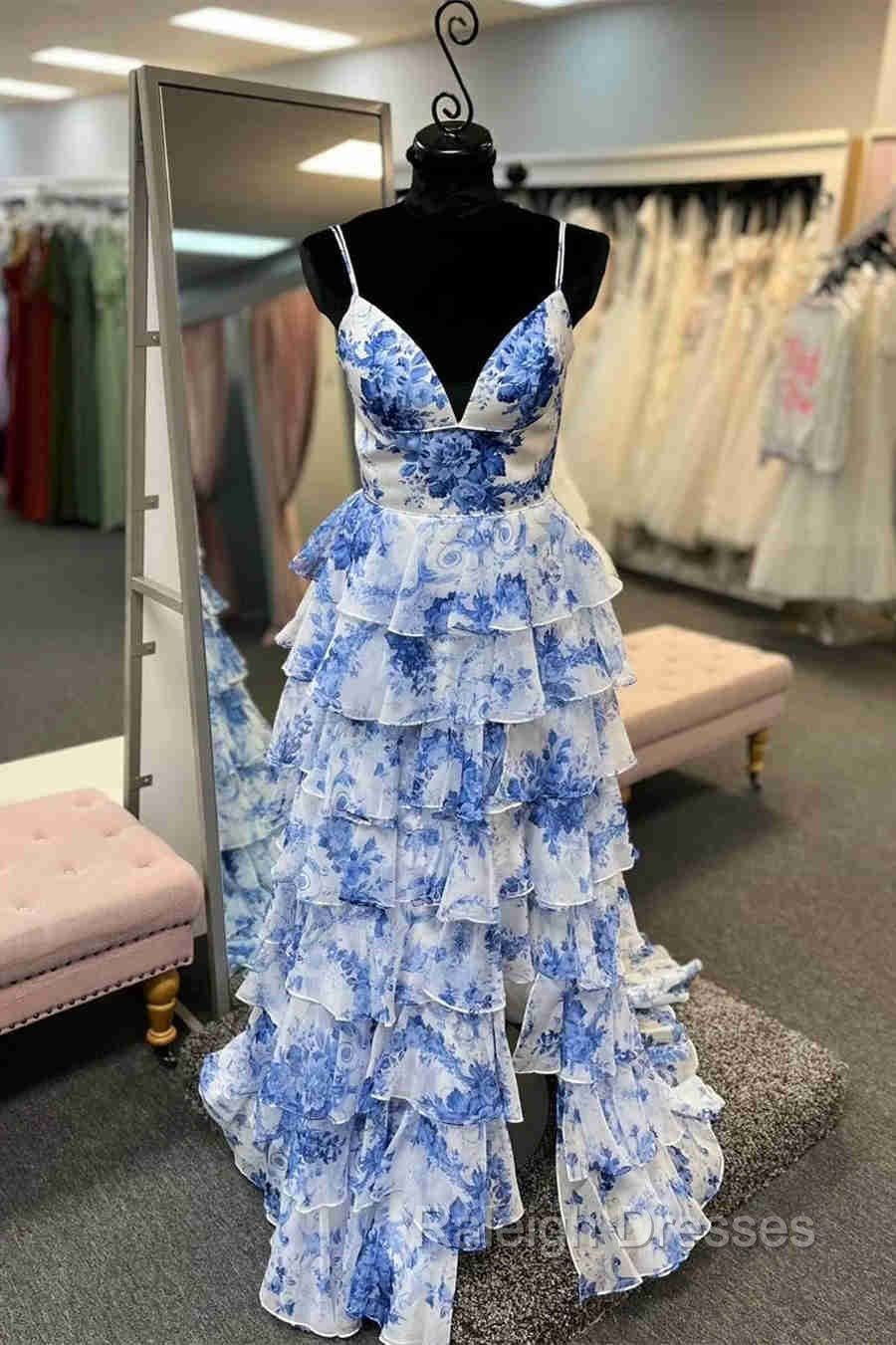 Straps Blue Floral Print High Slit Ruffled Prom Dress