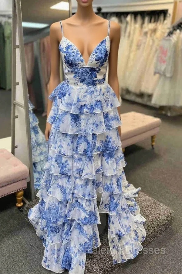 Straps Blue Floral Print High Slit Ruffled Prom Dress Main image