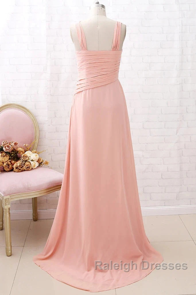 Straps Chiffon Long Bridesmaid Dress Coral Formal Wedding Party Dress
