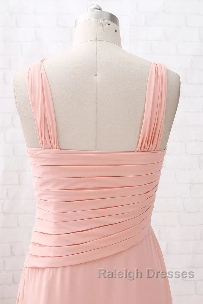 Straps Chiffon Long Bridesmaid Dress Coral Formal Wedding Party Dress