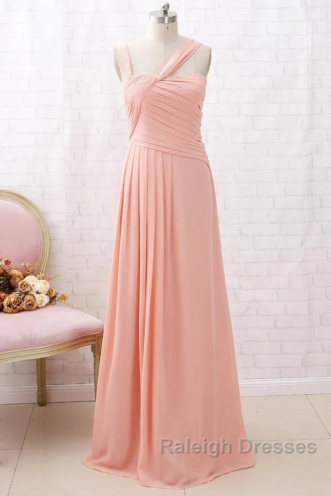 Straps Chiffon Long Bridesmaid Dresses Coral Prom Wedding Prom Dresses
