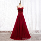 Straps Dark Red Beaded Sweetheart Long Formal Dress, Junior Prom Dress