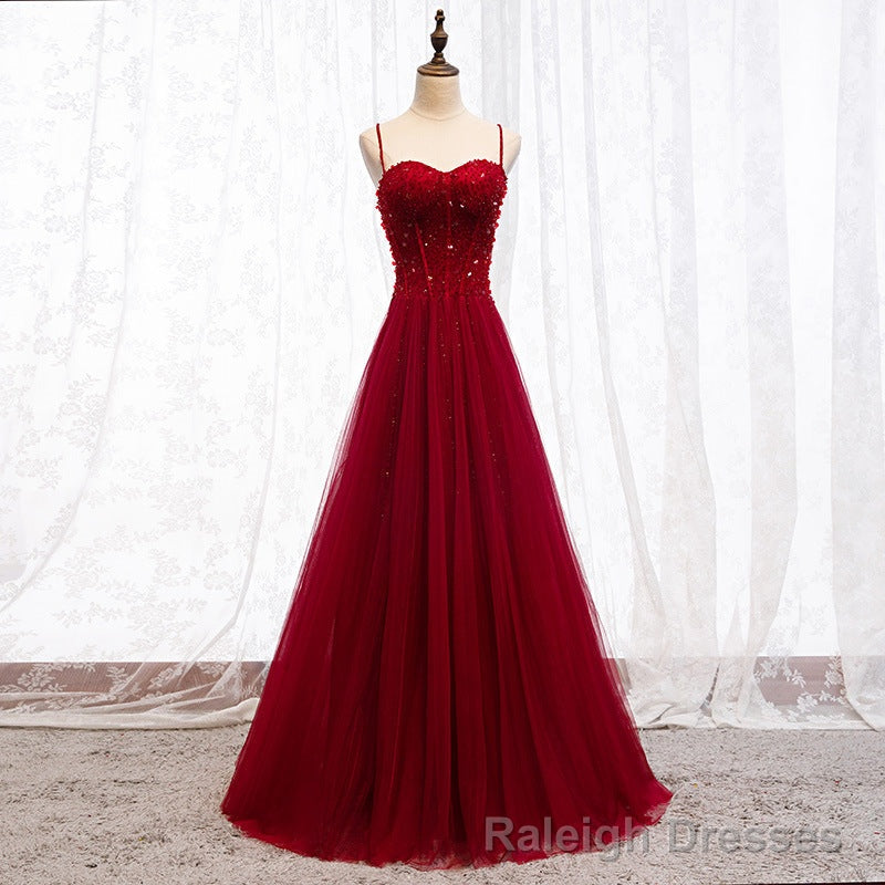 Straps Dark Red Beaded Sweetheart Long Formal Dress, Junior Prom Dress