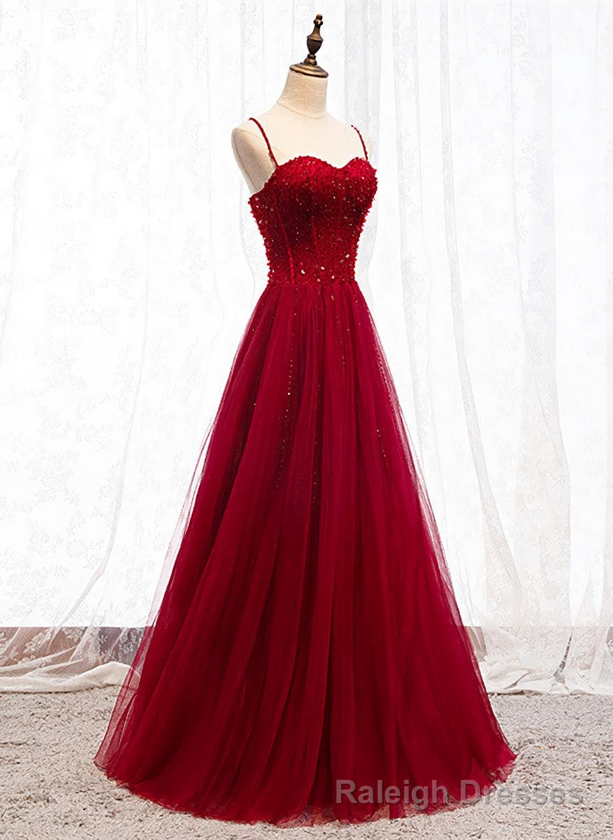 Straps Dark Red Beaded Sweetheart Long Formal Dress, Junior Prom Dress Main image