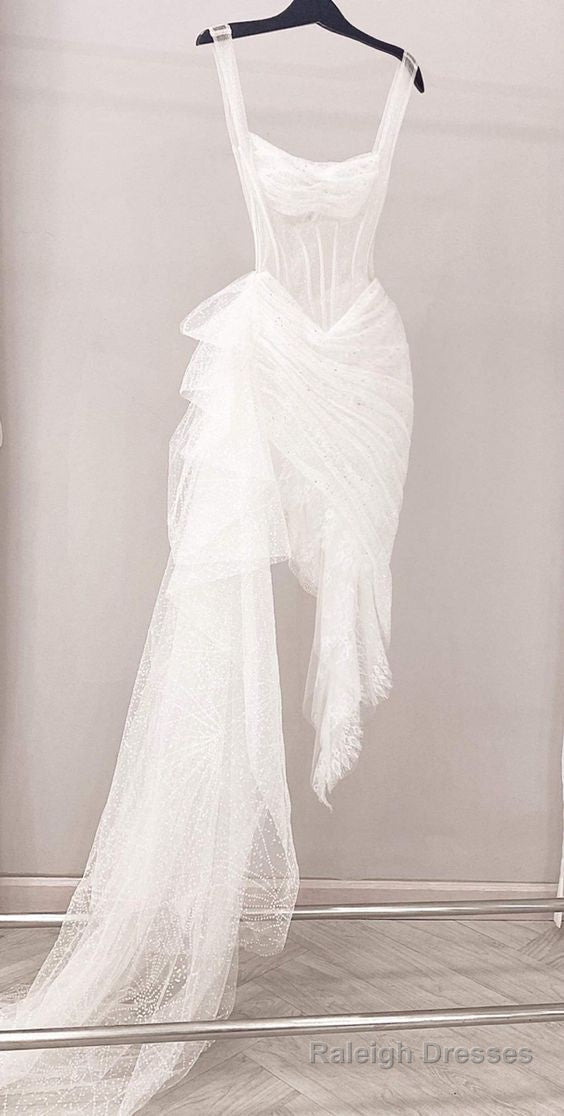 Straps Glitter White Reception dress,White Prom Dress