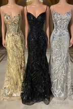 Straps Gold Sequin Mermaid Long Party Dress