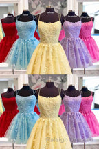 Straps Lace Applique Blue Homecoming Dress,Fuchsia Cocktail Dresses