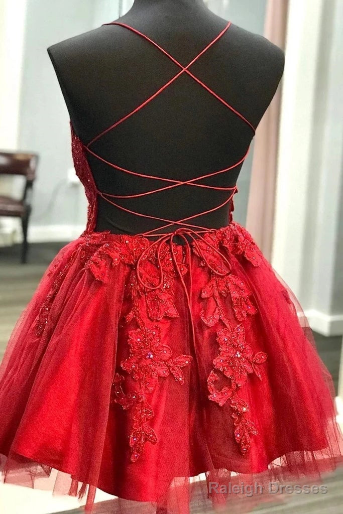 Straps Lace Appliqued Red Short Homecoming Dress