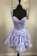 Straps Lavender A Line Ruffle Short Homecoming Dress