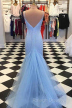 Straps Light Blue Mermaid Prom Dresses Beaded Backless Formal Dresses