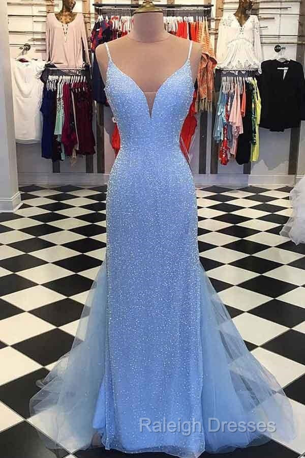 Straps Light Blue Mermaid Prom Dress Beaded Backless Prom Dress