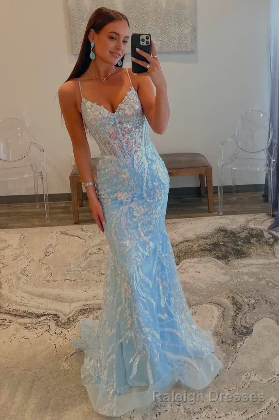 Straps Light Blue V Neck Sequin Appliques Mermaid Prom Dress Secondary image