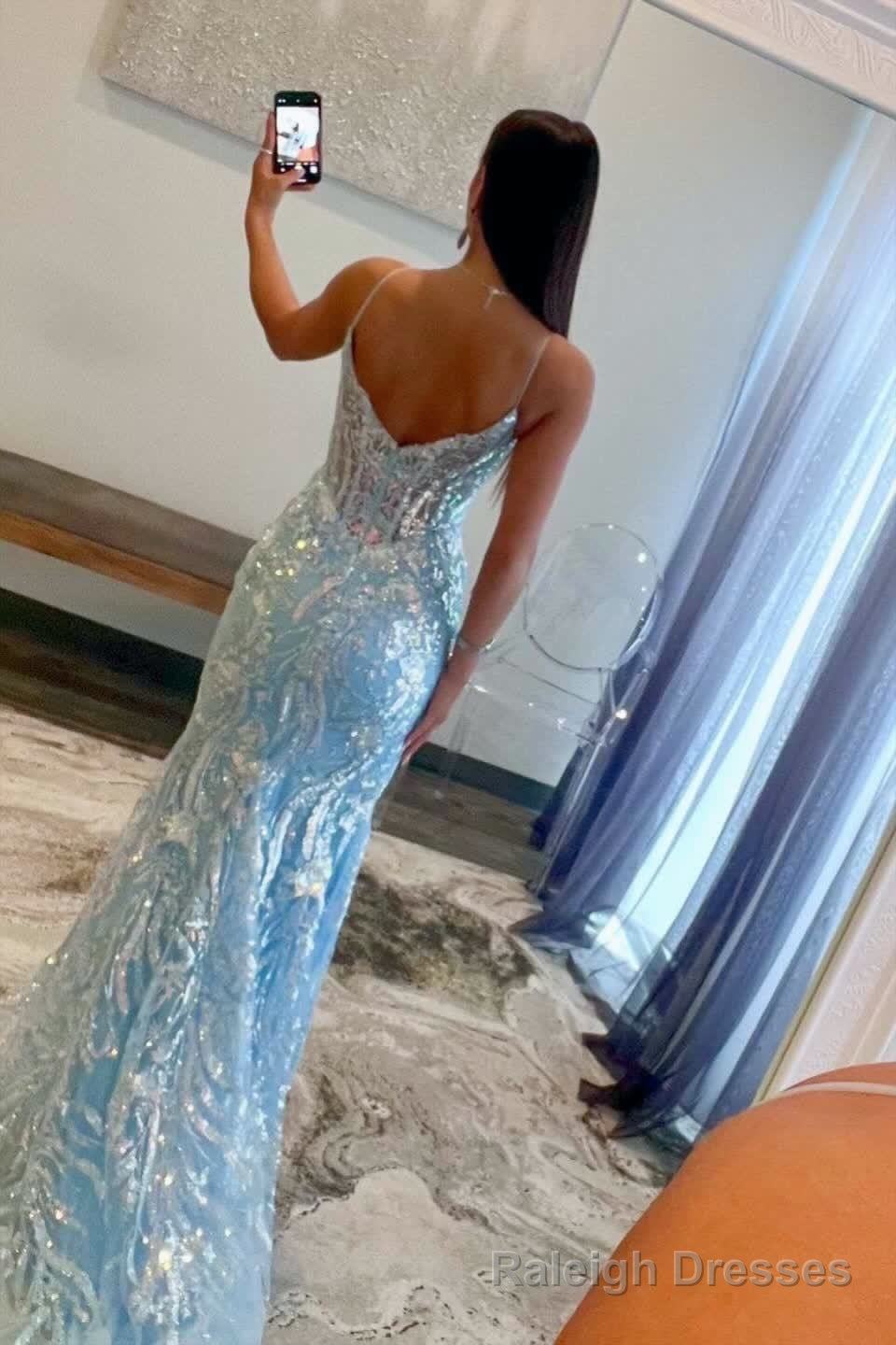 Straps Light Blue V Neck Sequin Appliques Mermaid Prom Dress