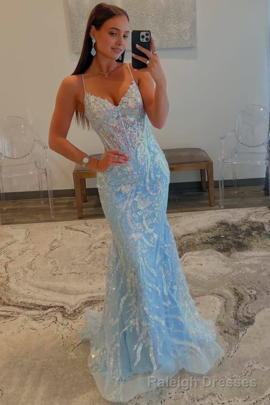 Straps Light Blue V Neck Sequin Appliques Mermaid Prom Dress Main image