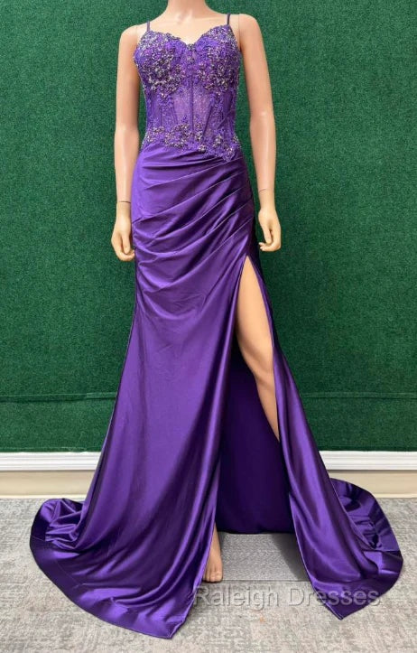 Straps Mermaid Long Prom Dress With Lace Top And Skirt Slit